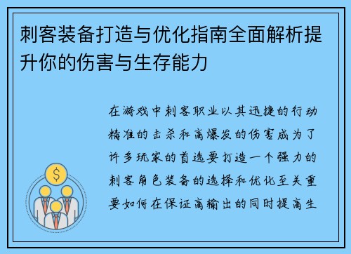 刺客装备打造与优化指南全面解析提升你的伤害与生存能力